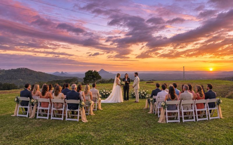A ceremony at sunset at On The View with guests seated in two rows